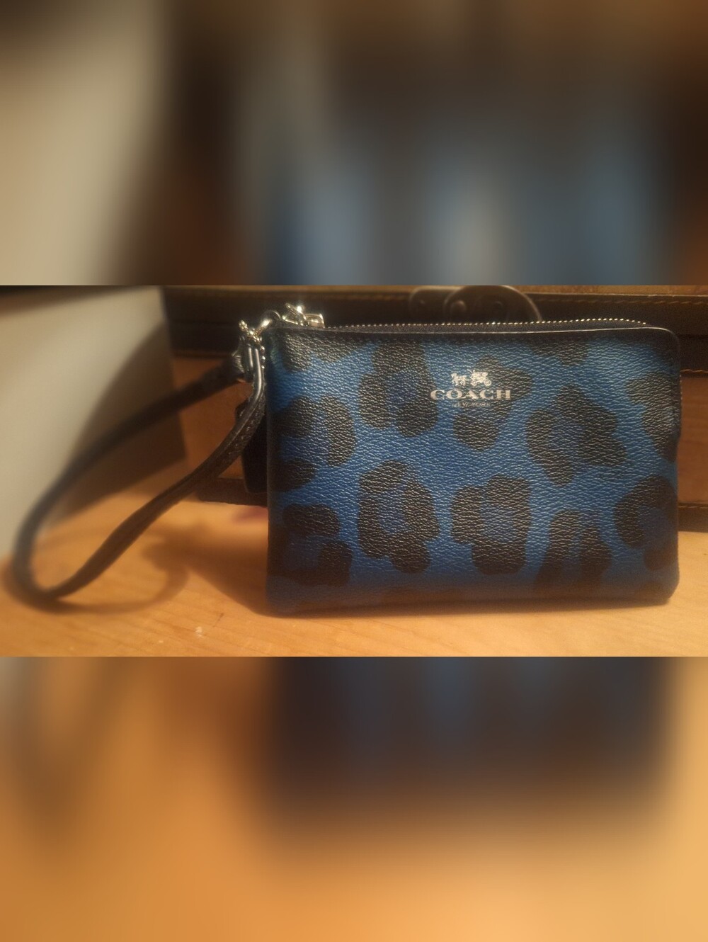 Coach Blue and Black Leopard Print Wristlet Pouch